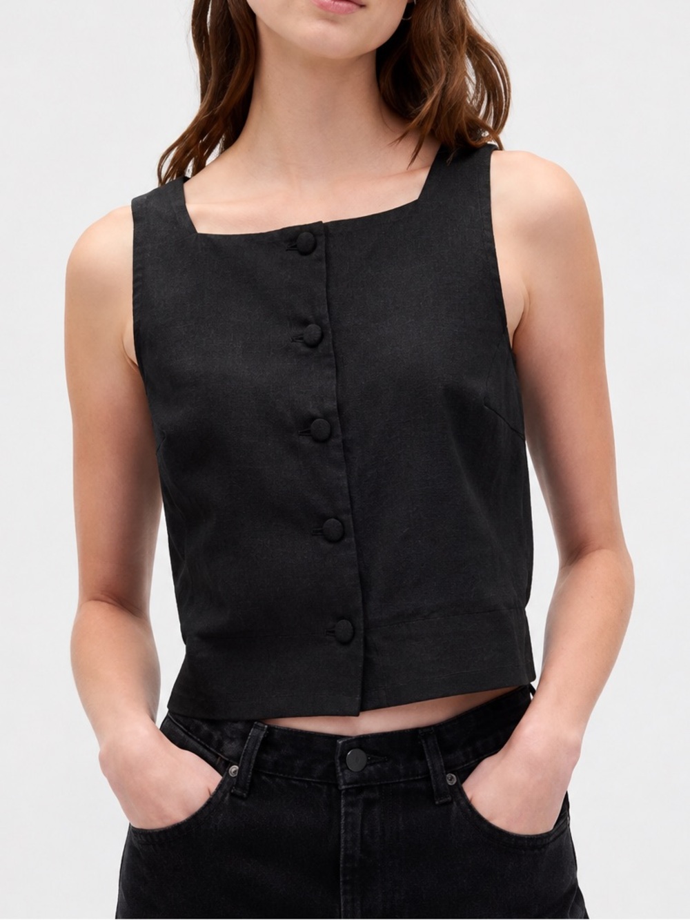 GAP Black Linen Blend Button Front Crop Tank Top Medium